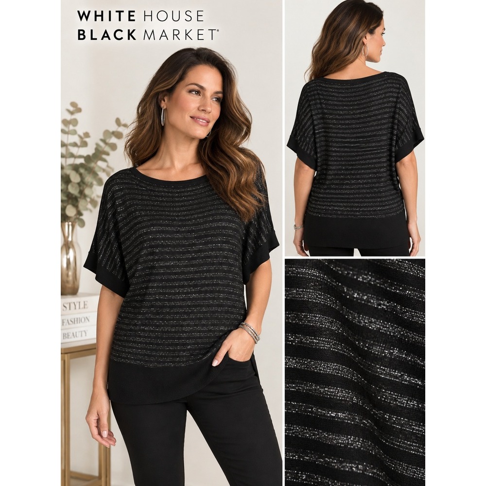 White House Black Market Black Silver Metallic Striped Dolman Knit Top XL